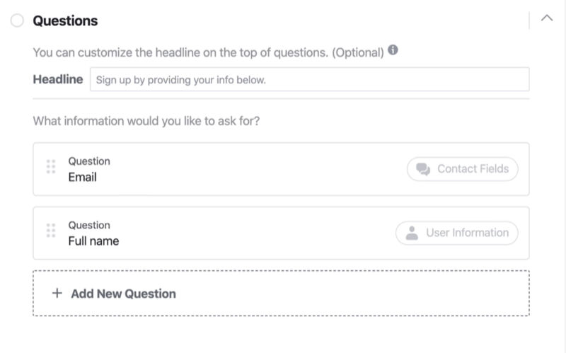 Sekcia otázok v procese nastavenia formulára pre potenciálnych zákazníkov spoločnosti Facebook
