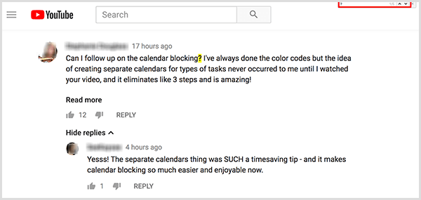 Amy Landino používa príkaz Hľadať na vyhľadanie otáznikov vo svojich komentároch k videu na YouTube. Pole Nájsť sa zobrazí v pravom hornom rohu okna prehľadávača. Po vyhľadaní otáznika je znak na webovej stránke videa zvýraznený žltou farbou.