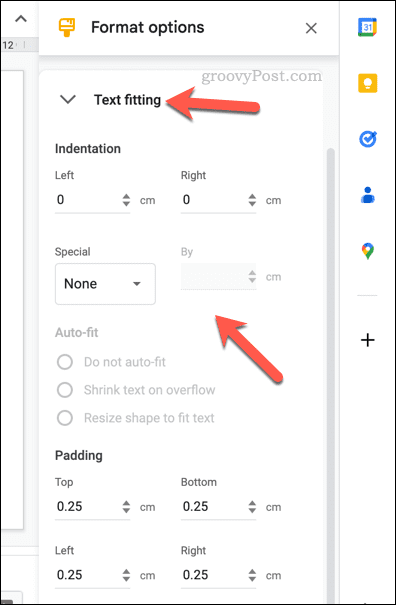 Zmena možností prispôsobenia textu pre tabuľku Google Slides