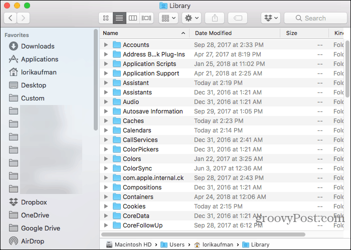 Priečinok knižnice v priečinku Domov v aplikácii Finder na počítačoch Mac