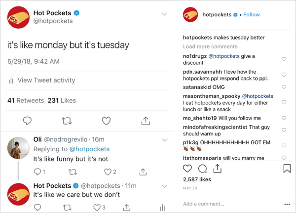 Príspevok Hot Pockets na Instagrame so zvláštnym humorom.