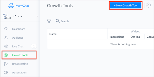V ManyChat vyberte vľavo Nástroje pre rast a vpravo hore kliknite na tlačidlo + Nový nástroj pre rast.