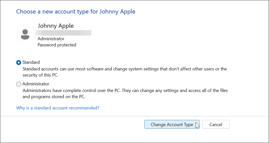Ako zmeniť typ účtu v systéme Windows 11