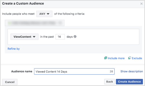 Vyberte možnosti, ako vytvoriť webovú stránku vlastného publika na Facebooku na základe udalosti ViewContent 