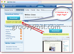 Obrázok blogu Windows Live Writer, ktorý zobrazuje 2 rôzne verzie k dispozícii na stiahnutie