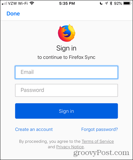 Zadajte svoj e-mail a heslo do prehliadača Firefox pre iOS