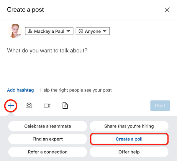 LinkedIn Dialógové okno Vytvoriť príspevok s možnosťou Vytvoriť anketu