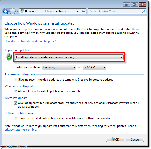 Windows 7 - Screenshot ponuky konfigurácie systému Windows Update