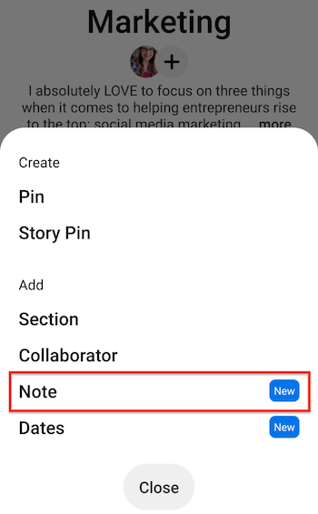 snímka obrazovky pinterestu pre mobil s možnosťami ponuky vytvoriť / pridať so zvýraznenou možnosťou poznámky