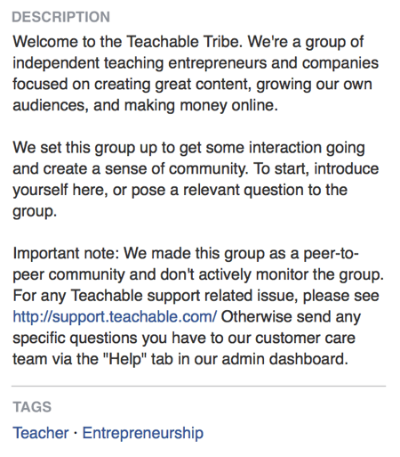 V popise skupiny na Facebooku spoločnosť Teachable priamo uvádza, že jej skupina na Facebooku je o vytváraní komunity.