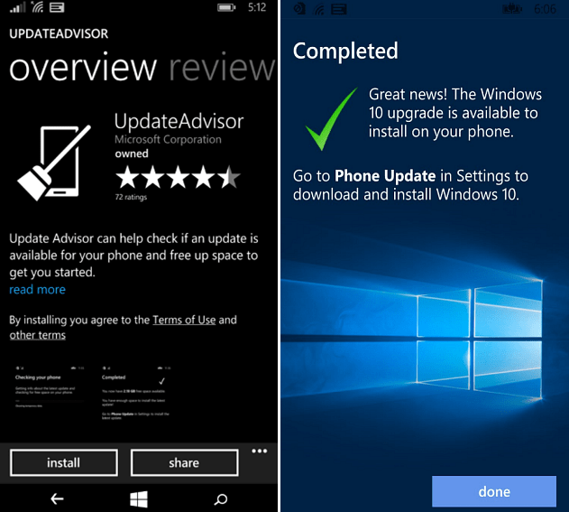 aktualizácia a upgrade aplikácie poradca aplikácie Windows telefón