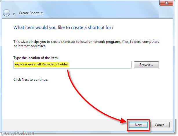 pridať zástupcu rozšírenia prieskumníka koša ako zástupcu systému Windows 7