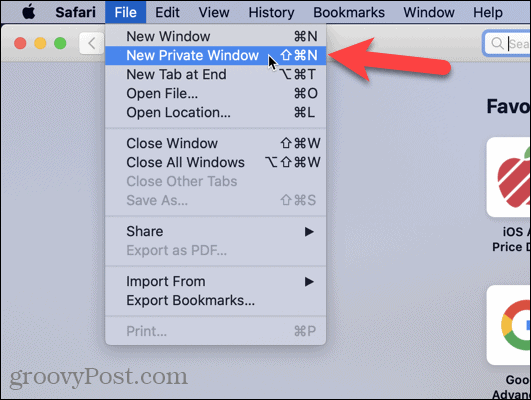 Vyberte nové súkromné ​​okno v Safari na počítači Mac
