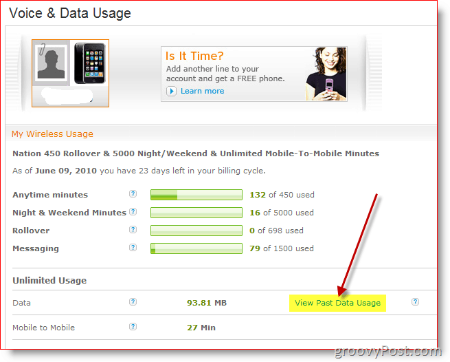 Správa AT&T Wireless View za minulé použitie údajov