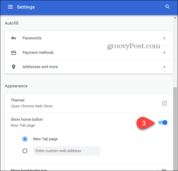 vyberte prepínač pre zobrazenie tlačidla Domov v chrome