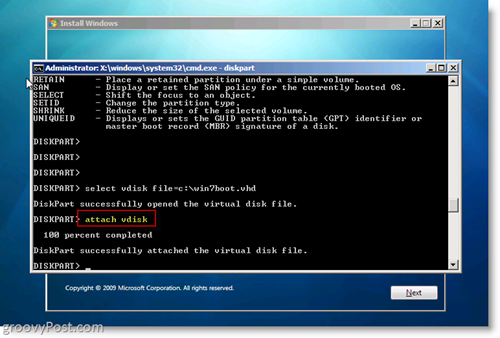 Windows 7 Native VHD Inštalácia Dual Boot Pripojiť VHD z CMD výzva