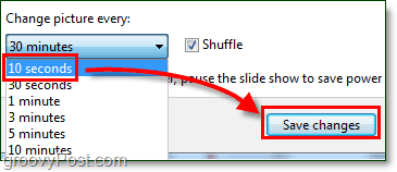 nastaviť rýchlosť rotácie pozadia Windows 7 na 10 sekúnd a uložiť, po dokončení ju zmeniť späť