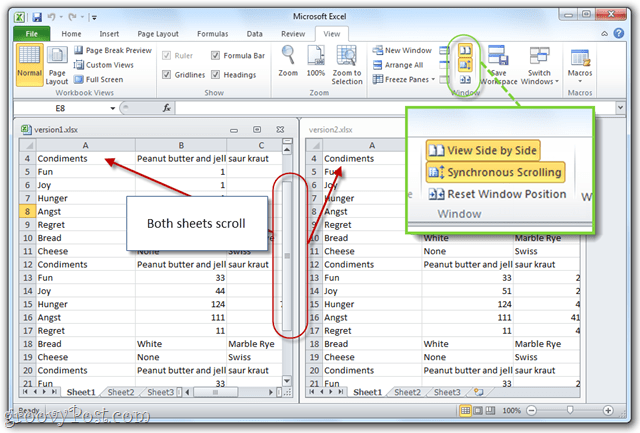 synchronizované posúvanie s MS Office 2010 Excel