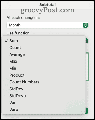 Rôzne funkcie dostupné v dialógovom okne Medzisúčet v Exceli