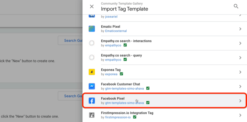 galéria šablón komunity správcov značiek Google importovať ponuku šablón značiek so vzorovými šablónami ematického pixelu, značky exponea, chatu so zákazníkom na Facebooku, okrem iného so zvýrazneným pixelom facebooku