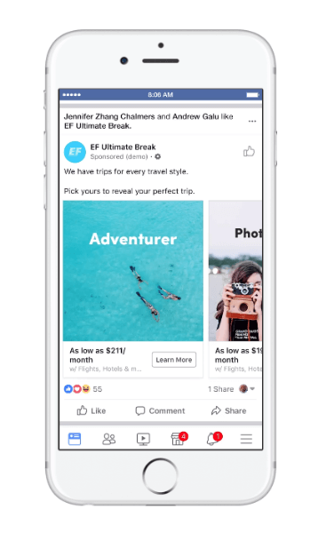 Facebook zaviedol nový typ dymanickej reklamy na cestovanie s názvom, zváženie cesty.