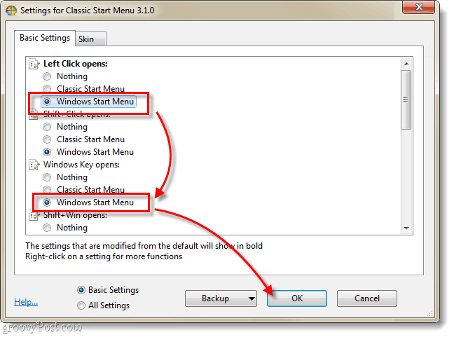 klasický shell, Windows otvárajú nastavenia menu