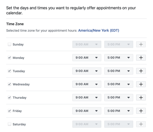 nastavte dátumy a časy dostupné pre rezerváciu schôdzky pomocou stránky na Facebooku