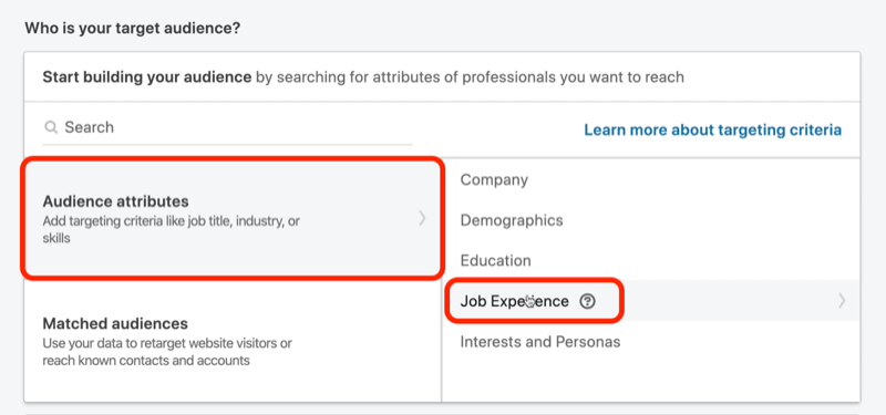 snímka obrazovky Kto je vaše publikum? sekcia v nastavení kampane LinkedIn