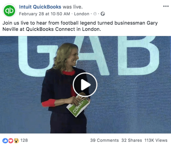Príklad príspevku na Facebooku, ktorý oznamuje nadchádzajúce živé video z aplikácie Intuit Quickooks.