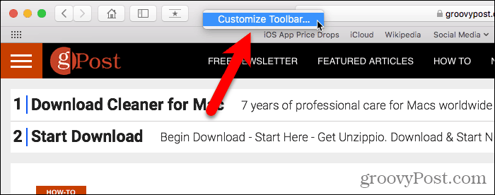 Vyberte položku Prispôsobiť panel s nástrojmi v prehliadači Safari pre Mac
