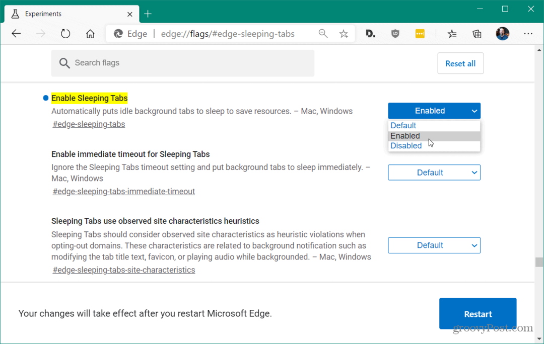 Ako povoliť karty na spanie v aplikácii Microsoft Edge