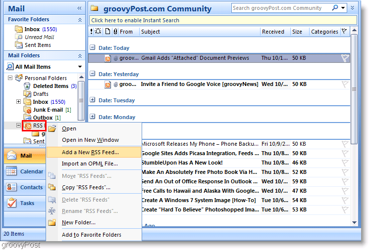 Screenshot Microsoft Outlook 2007 Pridať nový kanál RSS