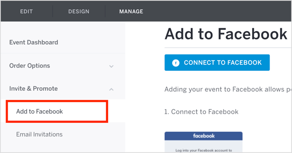 Na karte Na správe Eventbrite kliknite na Pozvať a propagovať a v rozbaľovacej ponuke kliknite na položku Pridať na Facebook.