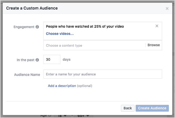 Vlastné publikum Facebooku na základe zhliadnutí videa za 30 dní.