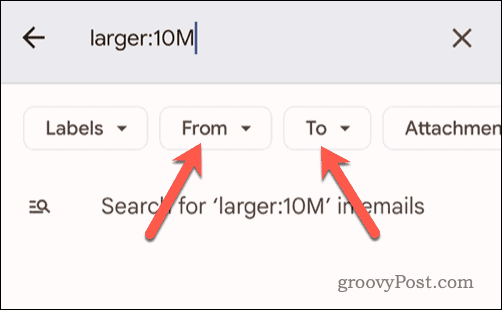 Nastavenie ďalších kritérií vyhľadávania pre vyhľadávanie v Gmaile na mobile