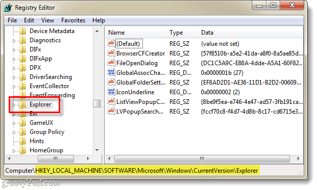v registri systému Windows 7 nájdite kľúč registra, ktorý sa týka aktuálnej verzie prieskumníka