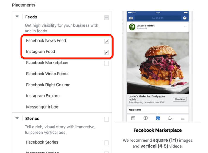 Umiestnenia informačného kanála správ Facebook a Instagram feed vybrané na úrovni sady reklám v aplikácii Facebook Ads Manager