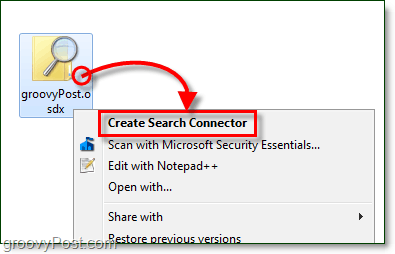 kliknite pravým tlačidlom myši na pracovnú plochu a potom kliknite na súbor osdx, ktorý je vyhľadávacím konektorom, a potom kliknite na položku Vytvoriť vyhľadávací konektor pre systém Windows 7