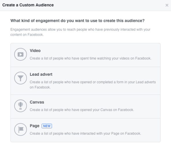 Facebook vám umožňuje vytvoriť štyri vlastné publiká založené na interakcii.