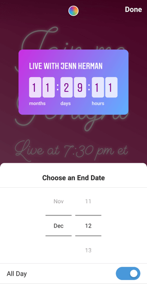 Ako používať nálepku Instagram Countdown pre podnikanie, krok 3 odpočítavania - dátum ukončenia.