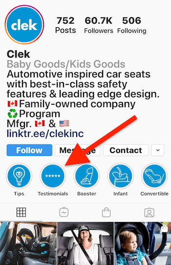 Instagram Stories zdôrazňuje album s referenciami v obchodnom profile spoločnosti Clek