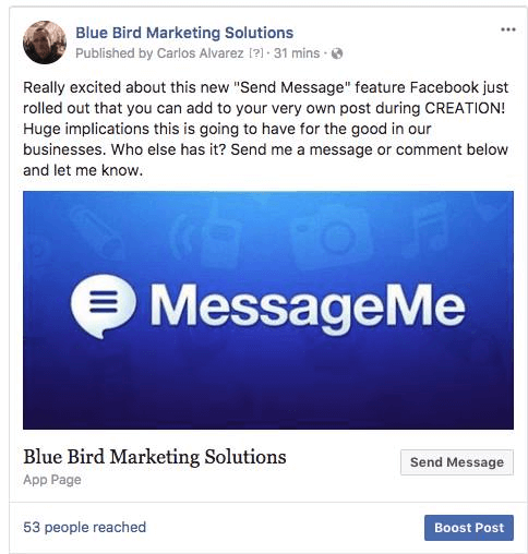 Facebook pridal možnosť zahrnúť do príspevkov na stránke tlačidlo, ktoré používateľom umožňuje odpovedať priamo v Messengeri.