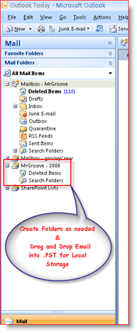 V priečinku Doručená pošta aplikácie Outlook 2007 sa v navigačnej table zobrazuje súbor osobných údajov .PST:: groovyPost.com