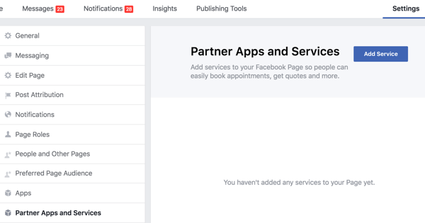 V nastaveniach svojej stránky na Facebooku kliknite na Partnerské aplikácie a služby.