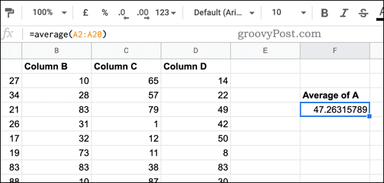 Funkcia AVERAGE použitá v Tabuľkách Google