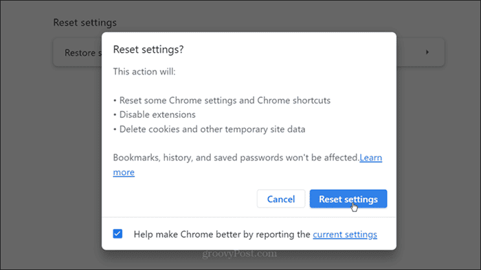 Potvrdenie obnovenia nastavení prehliadača Chrome
