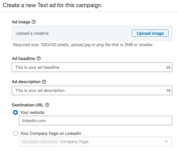 Ako vytvoriť textovú reklamu LinkedIn, krok 12, nastavenia textovej reklamy
