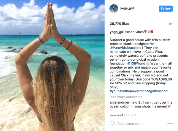 Na tomto platenom poste influencera dokázala Pura Vida využiť 2,1 milióna sledovateľov Rachel Brathen (yoga_girl) a sledovať návratnosť investícií prostredníctvom exkluzívneho kupónu.