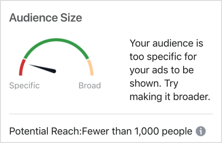 Správa o veľkosti publika na Facebooku: Vaše publikum je príliš konkrétne na to, aby sa mohli zobraziť vaše reklamy.