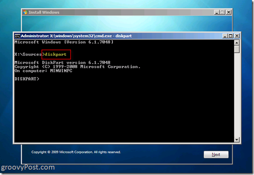 Windows 7 Native VHD Inštalácia Dual Boot Launch Diskpart 6.1.7048 z CMD výzvy na vytvorenie súboru VHD